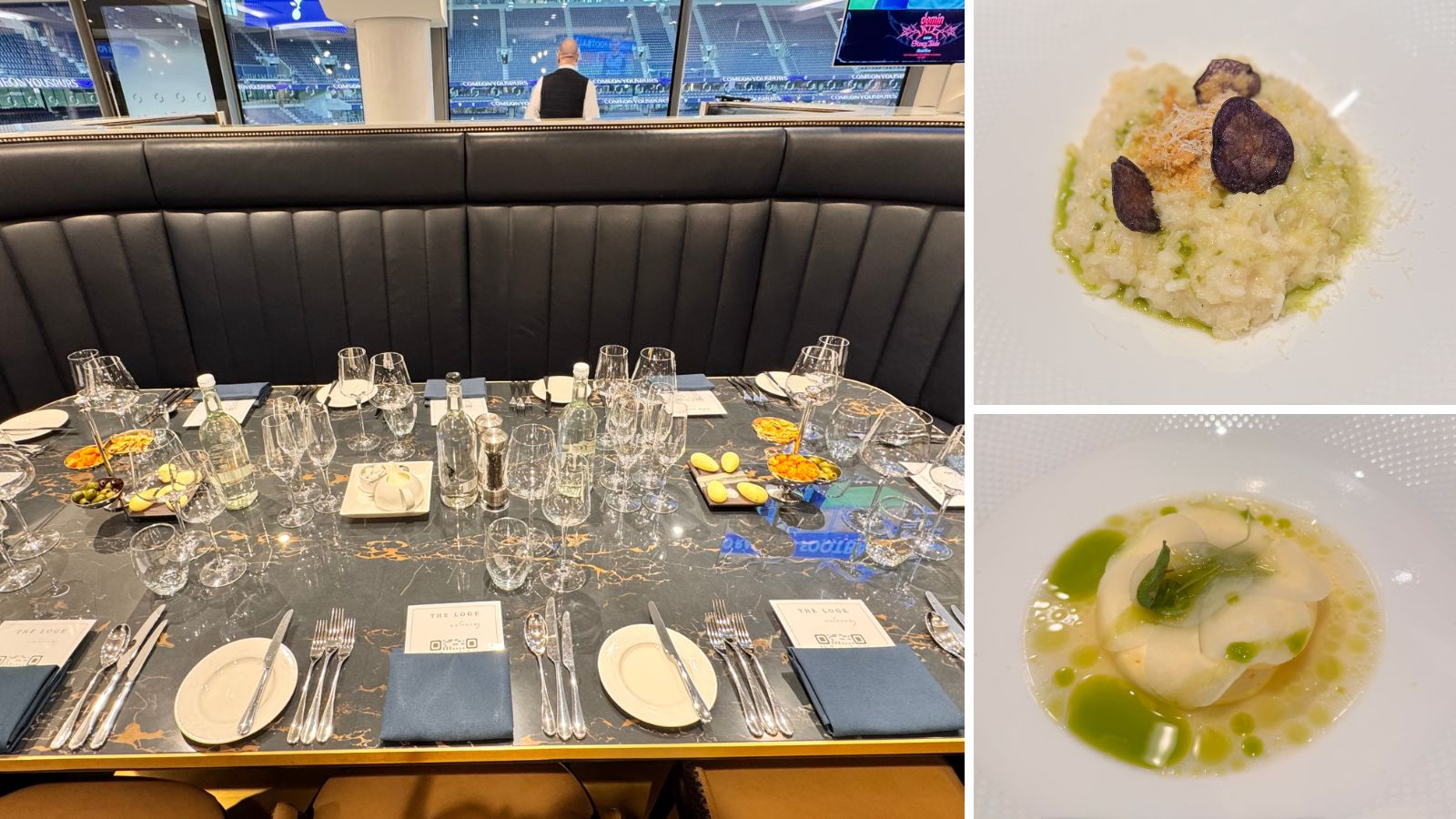 Links: Een ingedekte restauranttafel in the Loge on four | Rechts: De culinaire warming-up van voor de wedstrijd